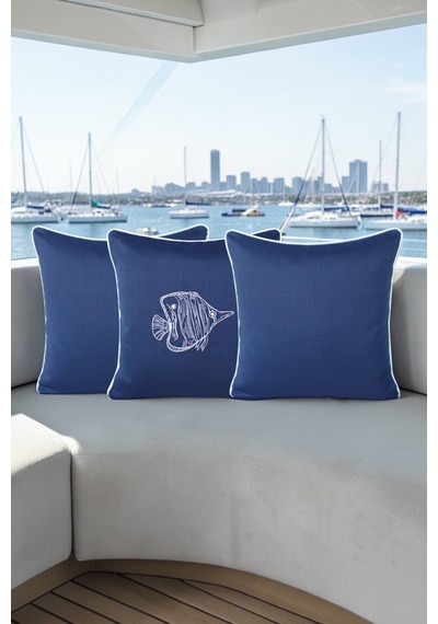 Kırlent Kılıfı 45x45 3'lü Set Marin Nakışlı Balık Desen Su İtici Outdoor Keten Tekne Bahçe Lacivert