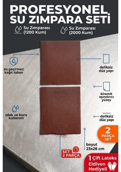 23x28 Cm Su Zımparası Seti 1200 2000 Kum 2 Parça Islak Kuru İnce Polisaj Zımparası + Eldiven