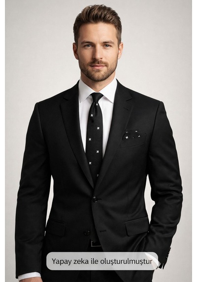 Gaffy Siyah Şal Desenli Dokuma Kumaş Mendilli Slim Fit Kravat // Sdk-2604-1 Siyah