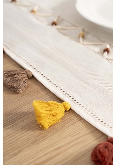 Rivaistanbul Ruffle Boncuk & Püsküllü %100 Pamuklu Ham Keten Runner 50x130 Cm Bej