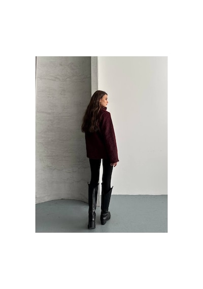 Asur Boutique Asur Butik Kadın Keçeli Kumaş Tokalı Fermuarlı Ceket Bordo