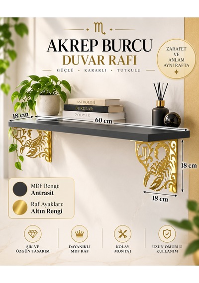 Akrep Burcu Dekoratif Duvar Rafı Antrasit Mdf Altın-antrasit