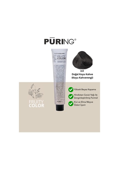 Puring Fruity Color Meyve Asitli Profesyonel Krem Saç Boyası Koyu Kahverengi 100 ML 3.0 Doğal Koyu Kahve