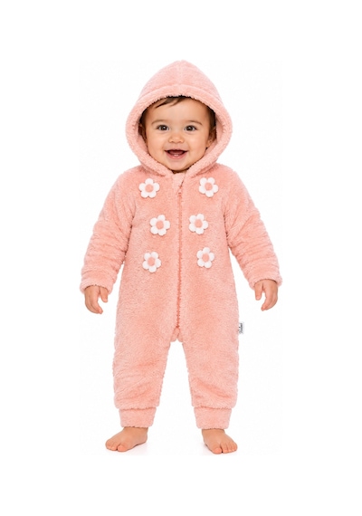 Chicsy Baby Tatlı Kız Bebek Çiçekli Welsoft Tulum 3d Papatya Detaylı Kapüşonlu Fermuarlı Peluş Kışlık Bebek Tulumu Somon