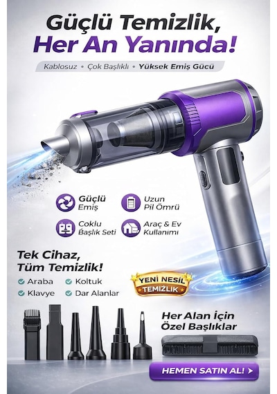 22000pa Kablosuz Araç İçi Süpürge & Üfleme Cihazı 2 Si 1 Arada Mini El Süpürgesi, Şarjlı, Tek Renk