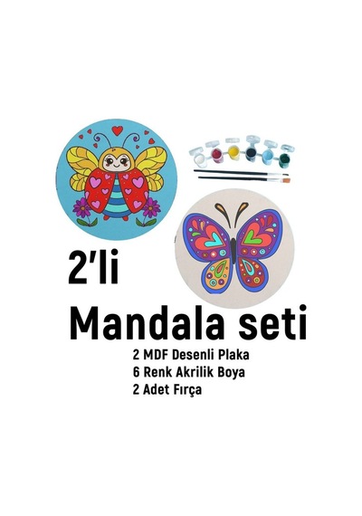 2li Mandala Boyama Seti- 2 Desenli Plaka-6 Renk Akrilik Boya-2 Ad