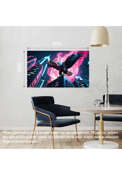 Kartal Fütüristik Bir Şehirde Neon Parıltı Stili 04 Çerçevesiz 50x30 Cm Pvc Tablo