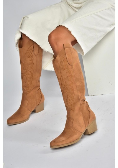 Fox Shoes V820356002 Taba Süet Kalın Topuklu Kadın Çizme Taba