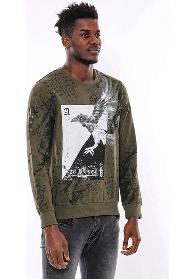 Wessi Yeşil Baskılı Taşlı Bisiklet Yaka Sweatshirt Yeşil