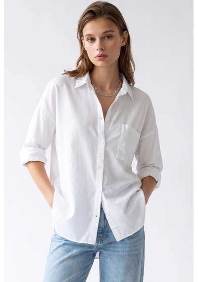 Mixray 4963 Kadın Tencel Kumaş Oversize Cepli Uzun Kollu Gömlek Beyaz