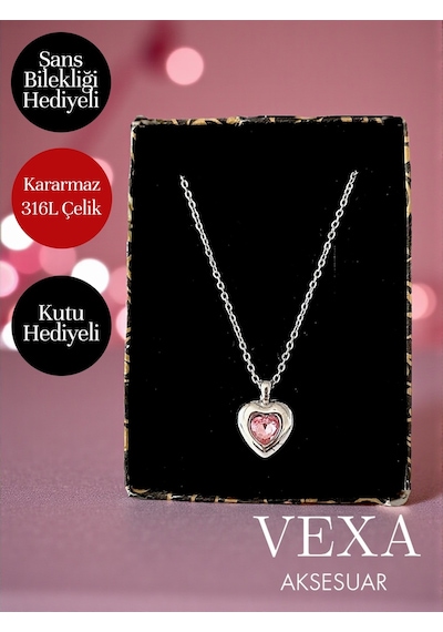Amora Kalp Model Taşlı Kararmaz 316l İthal Çelik Kolye - Kutu Ve Şans Bilekliği Hediye Pembe