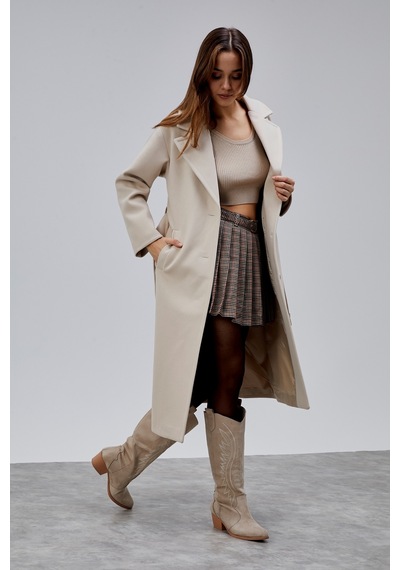 Bej Premium Oversize Kemerli Kaşe Kaban Bej