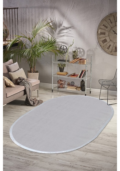Comfort Oval Overloklu Peluş Halı Gri Gri Düz Saçaklı Oval