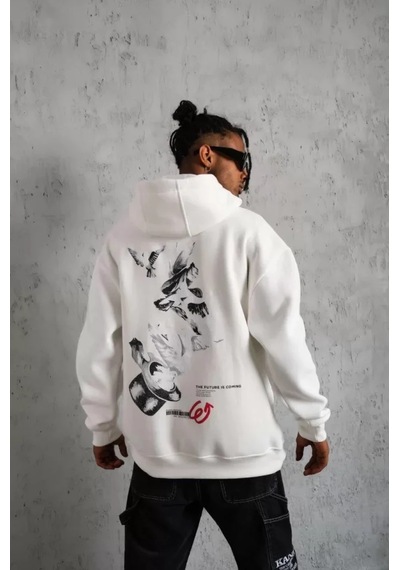 Veraura Lifestyle Erkek Şapkalı Güvercin Baskılı Kapşonlu Sweat - Beyaz S