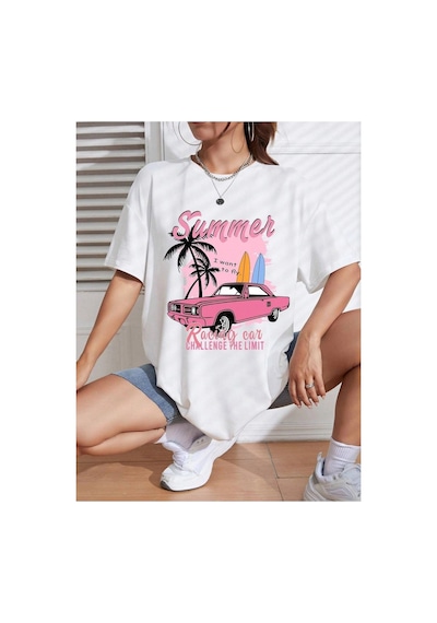 Tarzsokak Kadın Beyaz Summer Racing Car Baskılı Oversize T-shirt