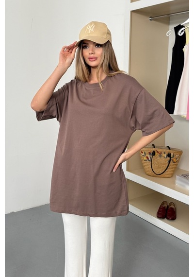 Giysa Kadın Bisiklet Yaka Oversize %100 Pamuklu Basic T-shirt Açık Kahverengi - 26y 26501 Açık Kahverengi