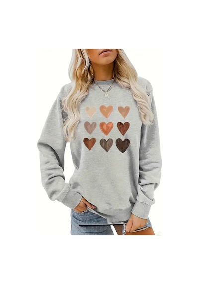 Medinenur Kalp Baskılı 2 İplik Şardonlu Bisiklet Yaka Sweatshirt Gri