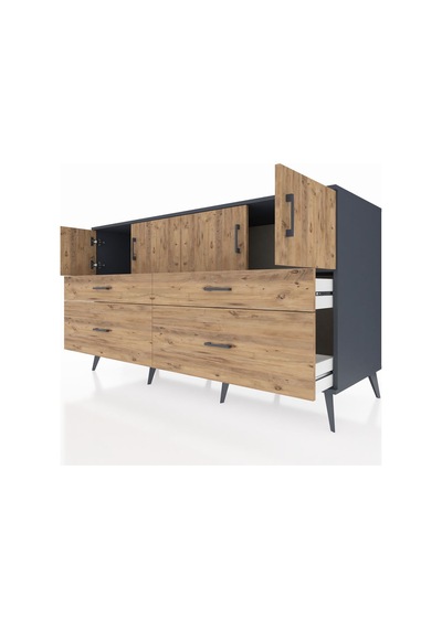 Kronos Konsol 2 Raflı 4 Çekmeceli 4 Kapaklı 176x59x99 Antrasit-ça Antrasit-çam