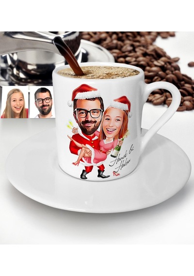 Kişiye Özel Yılbaşı Temalı Sevgililer Karikatürlü Türk Kahvesi Fi