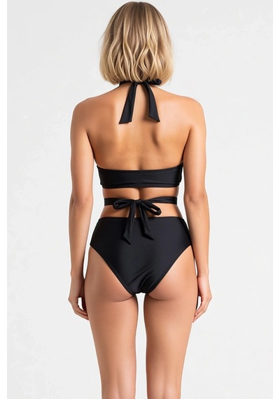 Benerly Kadın Bikini Takımı Bralette Halter Yaka Yüksek Bel Slip Kapsız Ö Siyah