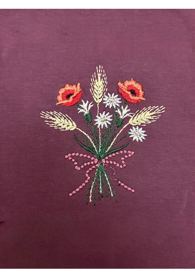 Yubistitch Tshirt Nakış İşlemeli Demet Çiçek- Penye-bordo