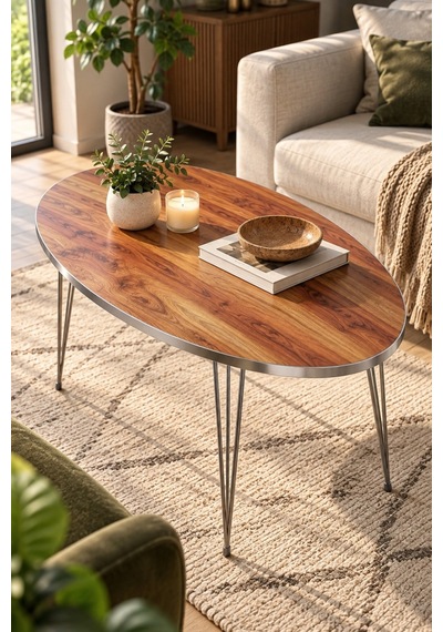 Sulorahome Ceviz Desenli Oval Orta Sehpa Gümüş Metal Ayaklı