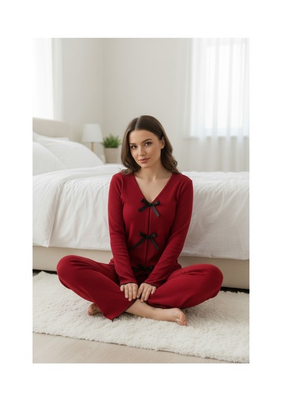 Moda Dua Kadın Bordo Fiyonklu İç Çamaşırı Ve Uzun Kollu V Yaka Pijama Takımı 4'lü Set