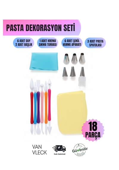 18 Parça Pasta Dekorasyon Seti Duy, Spatula, Krema Torbası Ve Şekil Verme Çubukları Metalik