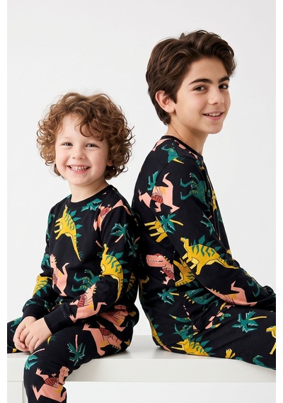 Zuzunga Dinozor Desenli Siyah Uzun Kollu Erkek Çocuk Pijama Takımı