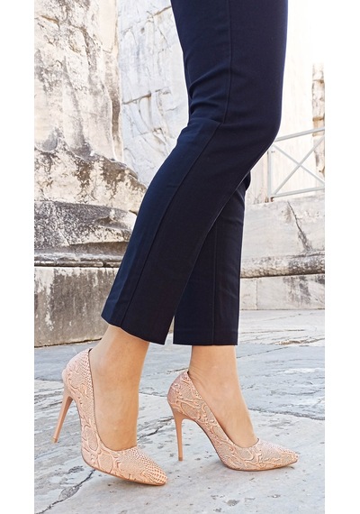 White Line Talaria Yılan Desenli Rugan Yüksek Topuk Stiletto 001 - Pudra
