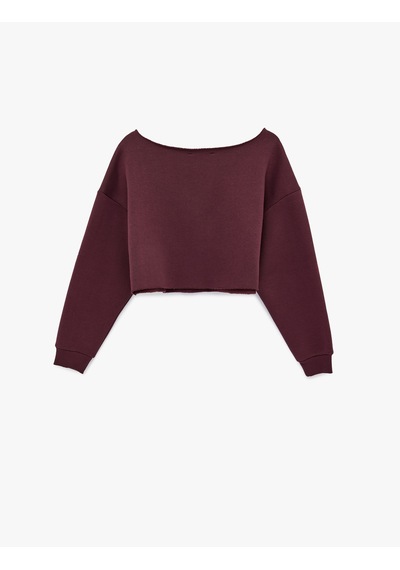 Koton Uzun Kollu Kayık Yaka Baskılı Crop Oversize Sweatshirt Bordo 6sal10246ık Bordo