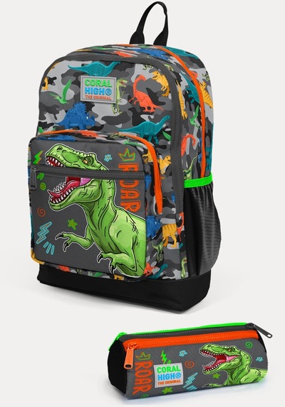 Coral High Kids Siyah Gri Dinozor Desenli 2'li Okul Çanta Seti Set0223744