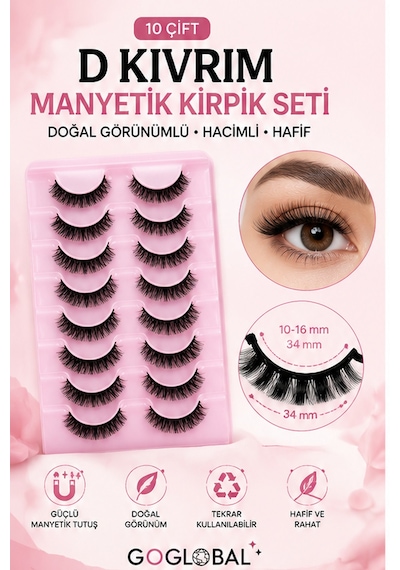 10 Çift D Kıvrım Takma Kirpik Seti Doğal Hacimli Bütün Kirpik 10-16 Mm Hafif Ve Tekrar Kullanıla