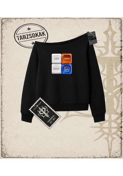 Tarzsokak Gotik & Grunge Streetwear Keycap 4 Kayık Yaka Sweatshirt Siyah