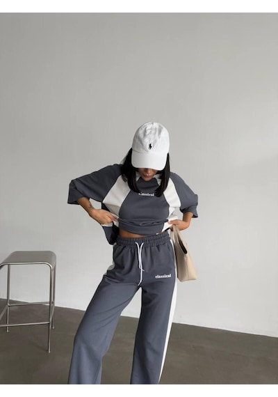 Oversize Yazı Detaylı Unisex Eşofman Takımı Yüksek Bel, Dijital Baskı, Rahat Kesim Gri