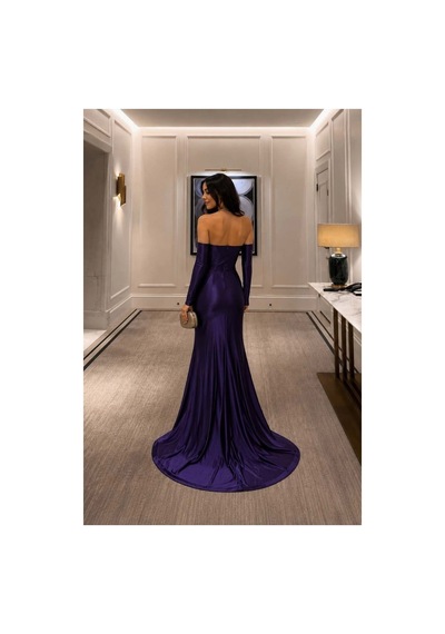 DefyModa Kadın Trend Straplez Yırtmaçlı Abiye Elbise Mor
