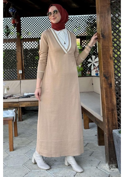 Rabia Şamlı Eylül Gömlekli Triko Elbise Bej Normal