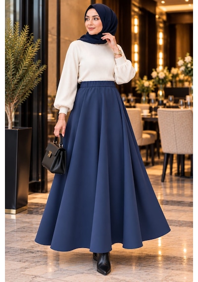 Esra Butik78 Scuba Kumaş Uzun Kloş Etek Siyah&lacivert-100 Cm