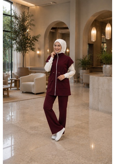 Bordo Yelekli 2 Li Takım Modern, Rahat Ve Şık Günlük Kombin