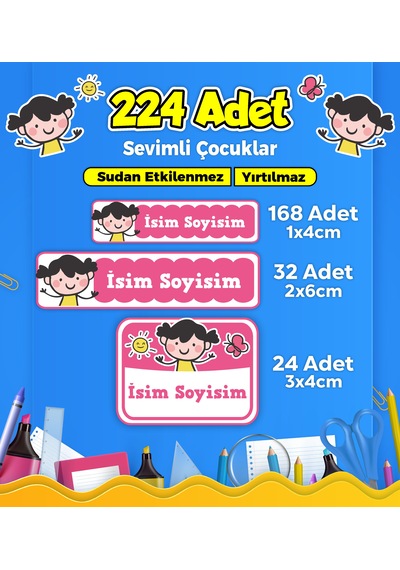 Sevimli Çocuklar Temalı Okul Kreş Kişiye Özel İsim Etiket Seti - Model 240 Çok Renkli