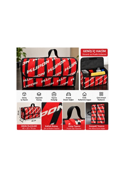 Kupon Desenli Araba Bagaj Çantası 45x25x15 Cm Oto Bagaj Organizer Kapaklı Cırtlı Düzenleyici - 938780833