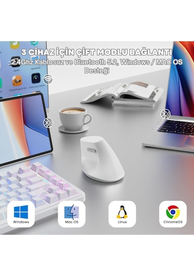 İ300 Kablosuz Ergonomik Dikey Mouse- 84gr-sessiz Tıklama- 57 Açı-16.000 Dpı Diğer