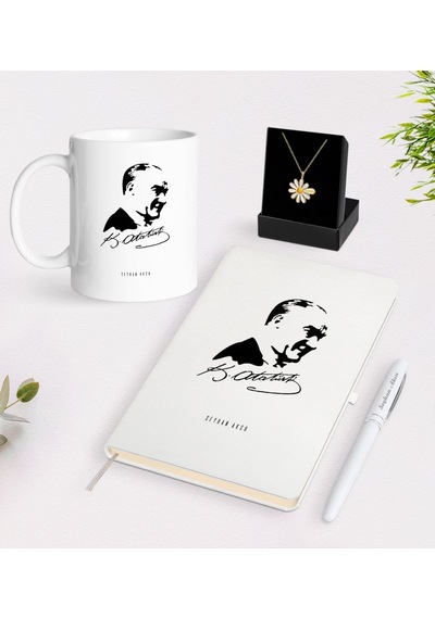 Kişiye Özel Atatürk Temalı Beyaz Kupa Defter Kalem Ve Isimli Papa N11.6748