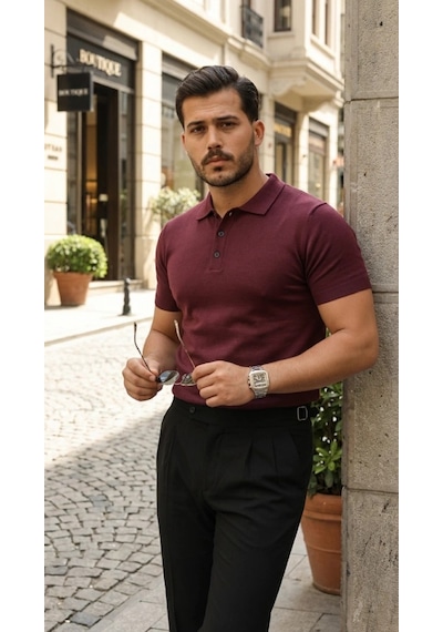 Defymoda Erkek Düğme Yakalı Kısa Kollu Pamuk Triko Tişört Altın