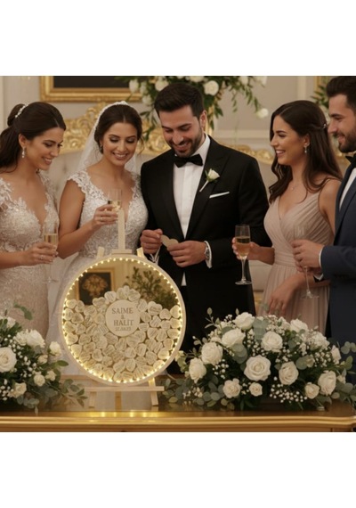 Evlilik Sepetim Düğün-nişan Gold Aynalı Pleksi 50 Cm Yuvarlak Misafir-hatıra Anı Defteri-kutusu + Şövale Ve Kalem Hediyeli