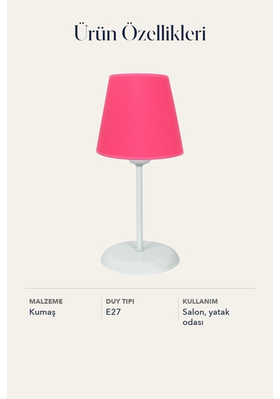 Metal Ayaklı Konik Kumaş Abajur Masa Lambası Koyu Pembe