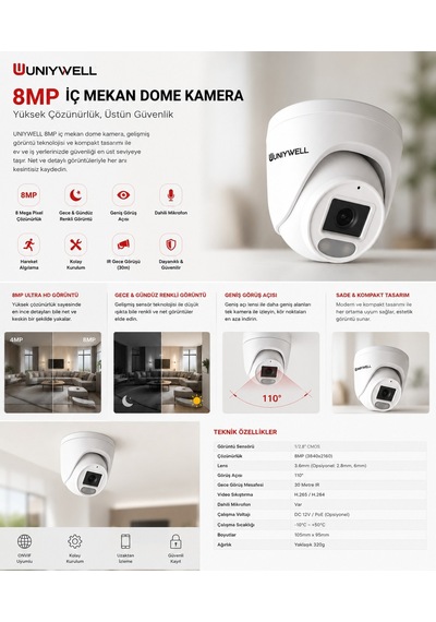 Unıywell Unw-517v-ıp5d 8 Mp 4k Dahili Poe Sesli İp Dome Kamera