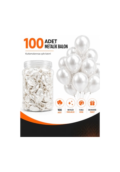 Metalik Balon 100'lü Kavanoz Paket Parlak Renkli Parti Süs Balonu Doğum Günü, Yılbaşı, Baby Shower Ve Organizasyon Balonu Beyaz