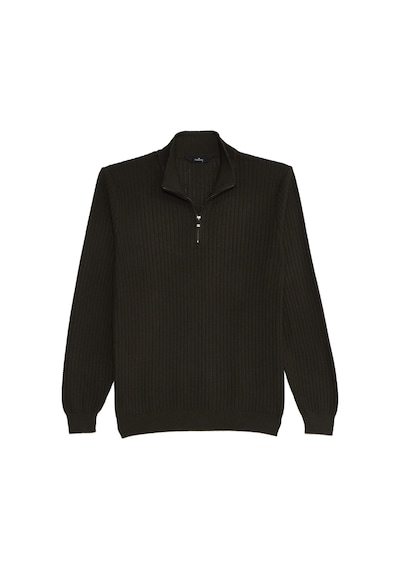 Tudors Erkek Slim Fit Dar Kesim Dik Yaka Fermuarlı Koyu Haki Kazak-39423 Koyu Haki