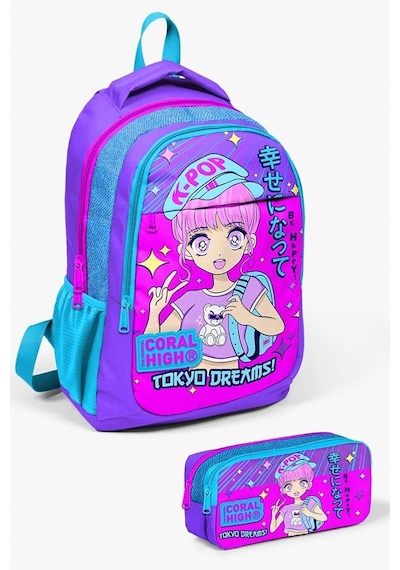 Coral High Kids Mor Pembe Mavi Simli K-pop Desenli 2'li Okul Çanta Seti - Kız Çocuk Pembe Mavi K-pop